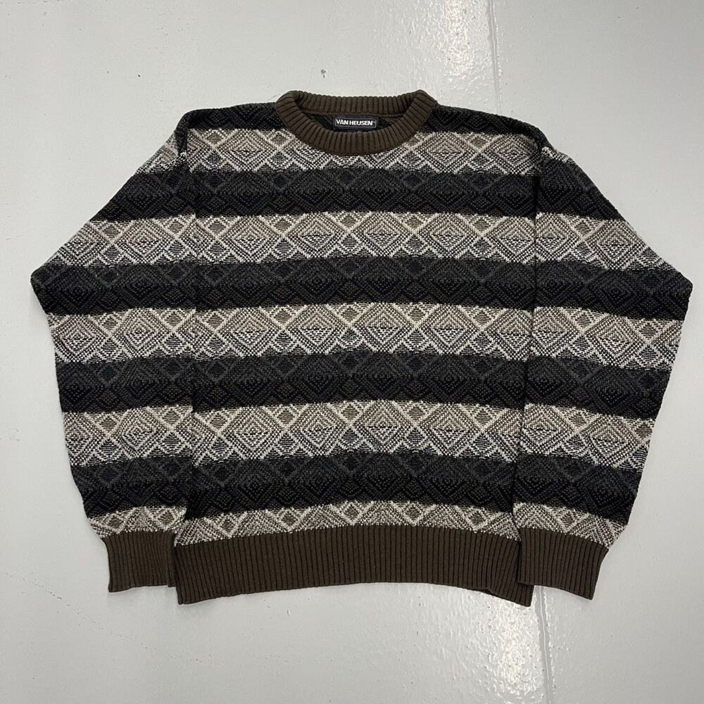 Vintage 90s Van Heusen Brown Geometric Pattern Sweater